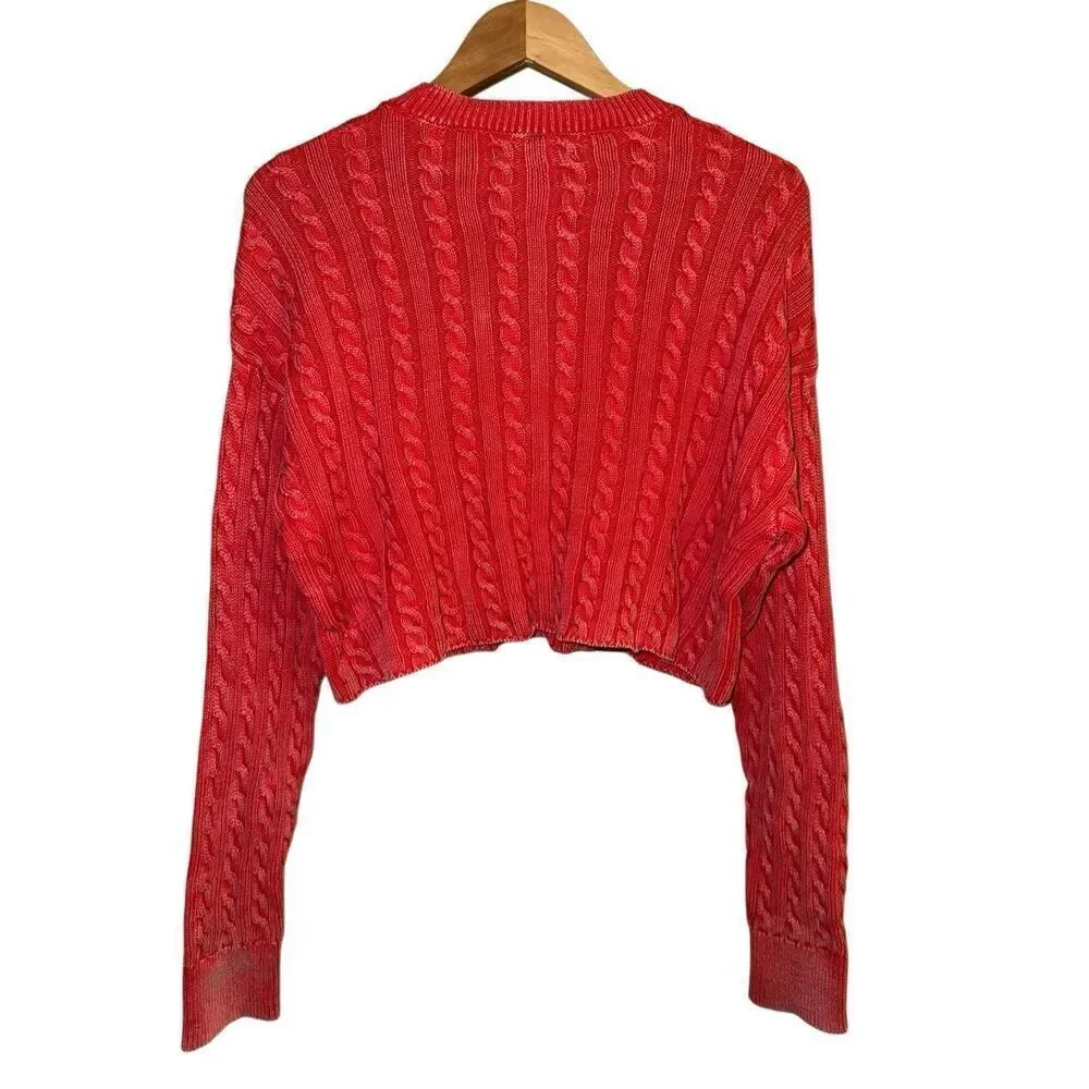 Aerie Cotton Oversized Red Acid Wash Cropped Cable Knit Pullover Sweater